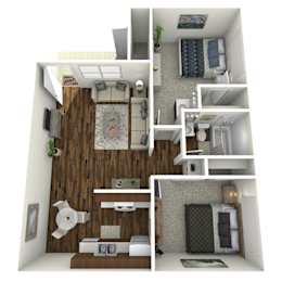 A 3D rendered image of a small apartment with a bedroom, living room, and kitchen.