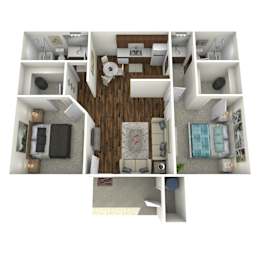A 3D floor plan of a small apartment with a kitchen, living room, and bedroom.