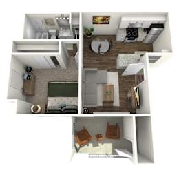 A 3D rendered image of a small apartment with a kitchen, living room, and bedroom.