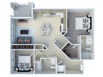 A 3D rendered image of a house layout.