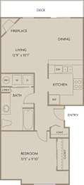 A floor plan of a small apartment with a living area, kitchen, bathroom, and bedroom.