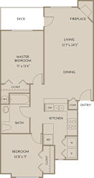 A floor plan of a house with a master bedroom, a bath, a kitchen, a living room, a dining room, and a closet.