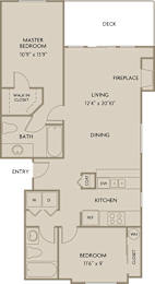 A floor plan of a small apartment with a master bedroom, living room, dining room, kitchen, and bathroom.