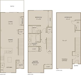 A floor plan of a house with a living room, two bedrooms, a kitchen, a dining room, a workshop, and a garage.