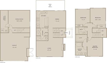 A floor plan of a house with a bonus room, two bedrooms, a kitchen, a dining room, a living room, a garage, a master bedroom, and a master bath.