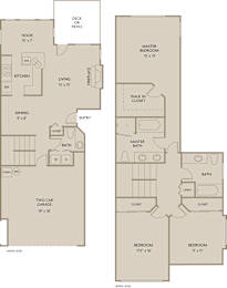 A floor plan of a house with two master bedrooms, a garage, and a deck or patio.