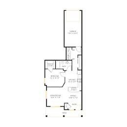 A floor plan of a house with a garage, living room, dining room, kitchen, and two bathrooms.