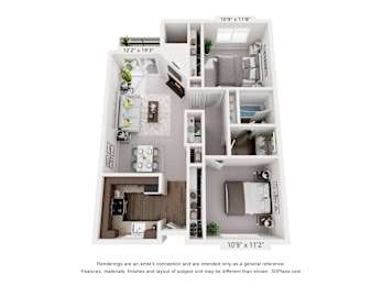 A 109" x 118" floor plan of a two-bedroom apartment.