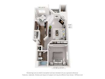 A 3D floor plan of a small apartment with a kitchen, living room, and bathroom.