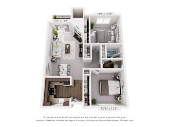 A 3D floor plan of a small apartment with a kitchen, living room, and bedroom.