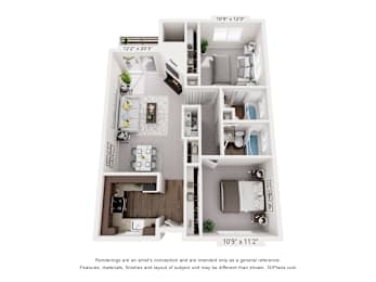 A floor plan of a two-bedroom apartment with dimensions and a disclaimer.