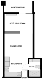 a floor plan of a living room with a bathroom and a dining room