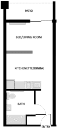 a floor plan of a bedroom with a bathroom and a bed