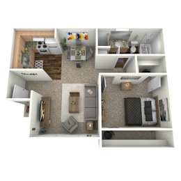 A 3D floor plan of a small apartment with a kitchen, living room, and bedroom.