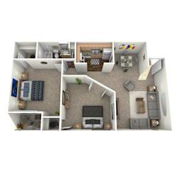 A 3D floor plan of a house with various rooms and furniture.