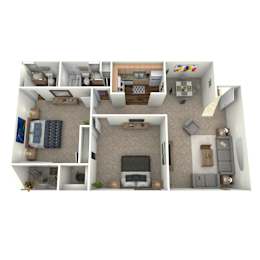A 3D floor plan of a small apartment with a kitchen, living room, and bedroom.