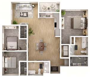 A top-down view of a modern apartment layout with a living room, kitchen, and bathroom.