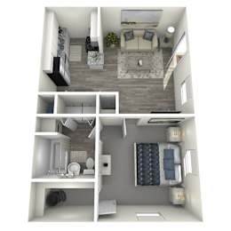 A 3D rendered image of a small apartment with a living room, kitchen, and bedroom.