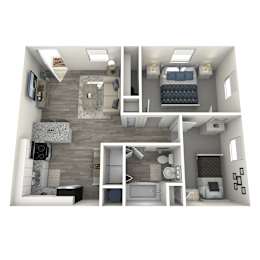 A 3D rendered image of a small apartment layout.