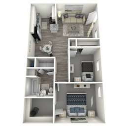 A 3D floor plan of a small apartment with a living room, kitchen, bedroom, and bathroom.