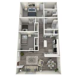 A 3D floor plan of a house with a living room, kitchen, and bedrooms.