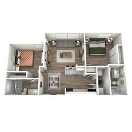 A top-down view of a modern apartment layout with a kitchen, living room, and bedroom.