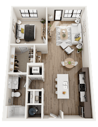 A top-down view of a well-organized apartment with a living room, kitchen, and bathroom.