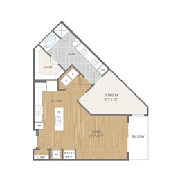 A floor plan of a house with a living room, kitchen, bathroom, bedroom, and pantry.