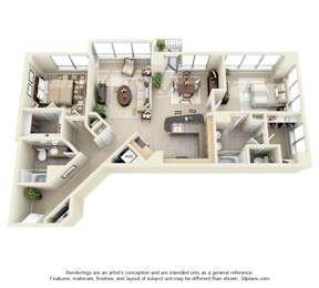 A 3D floor plan of a house with a kitchen, living room, dining room, two bedrooms, and two bathrooms