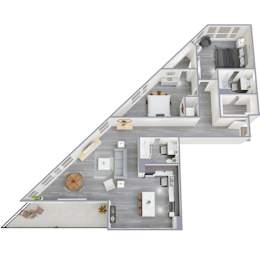 A floor plan of a house with a living room, kitchen, and two bedrooms.