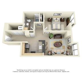 A 3D floor plan of a house with a living room, kitchen, and bathroom.