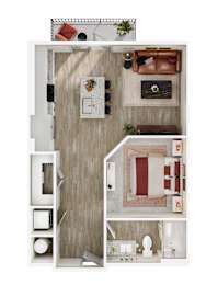 A top-down view of a small apartment with a kitchen, living room, and bathroom.
