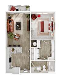 A top-down view of a modern apartment layout with a living room, kitchen, and bathroom.