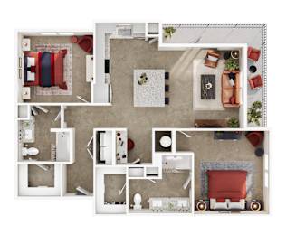 A top-down view of a living room, kitchen, and dining area.