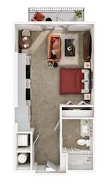 A top-down view of a small, neatly organized apartment with a bed, a couch, a desk, and a kitchenette.