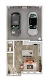 A top-down view of a house with two cars parked in the garage.