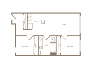 2 bedroom 1 bath floor plan at Wilcox, Seattle, Washington, 98107