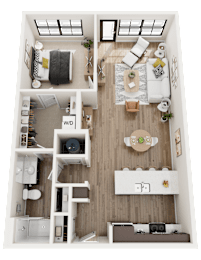 A top-down view of a small apartment with a living room, kitchen, and bedroom.