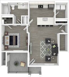 A top-down view of a modern apartment layout with a kitchen, living room, and dining area.