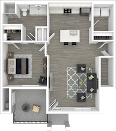 A top-down view of a modern apartment layout with a living room, kitchen, and two bedrooms.