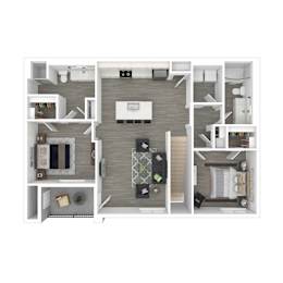 A floor plan of a two-bedroom apartment with a living room, kitchen, and bathroom.