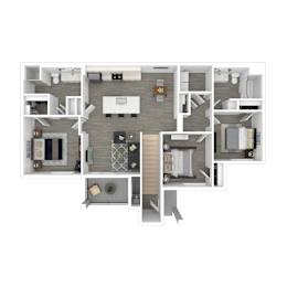 A floor plan of a house with a kitchen, living room, and bedrooms.