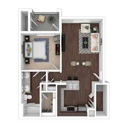 A 3D floor plan of a small apartment with a kitchen, living room, and bathroom.