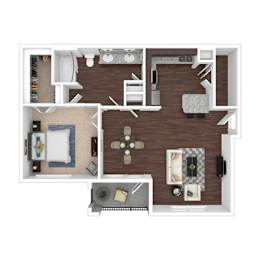 A top-down view of a living room, kitchen, and dining area.
