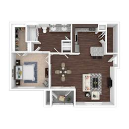 A top-down view of a house layout with a living room, dining room, kitchen, and bedrooms.