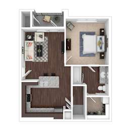 A top-down view of a small apartment with a kitchen, living room, and bedroom.