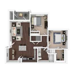 A top-down view of a small apartment layout with a kitchen, living room, and bedroom.