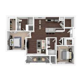 A floor plan of a house with a kitchen, living room, and two bedrooms.