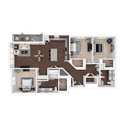 A 3D floor plan of a house with a kitchen, living room, dining room, and bedrooms.