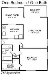 A floor plan of a one bedroom, one bath apartment.